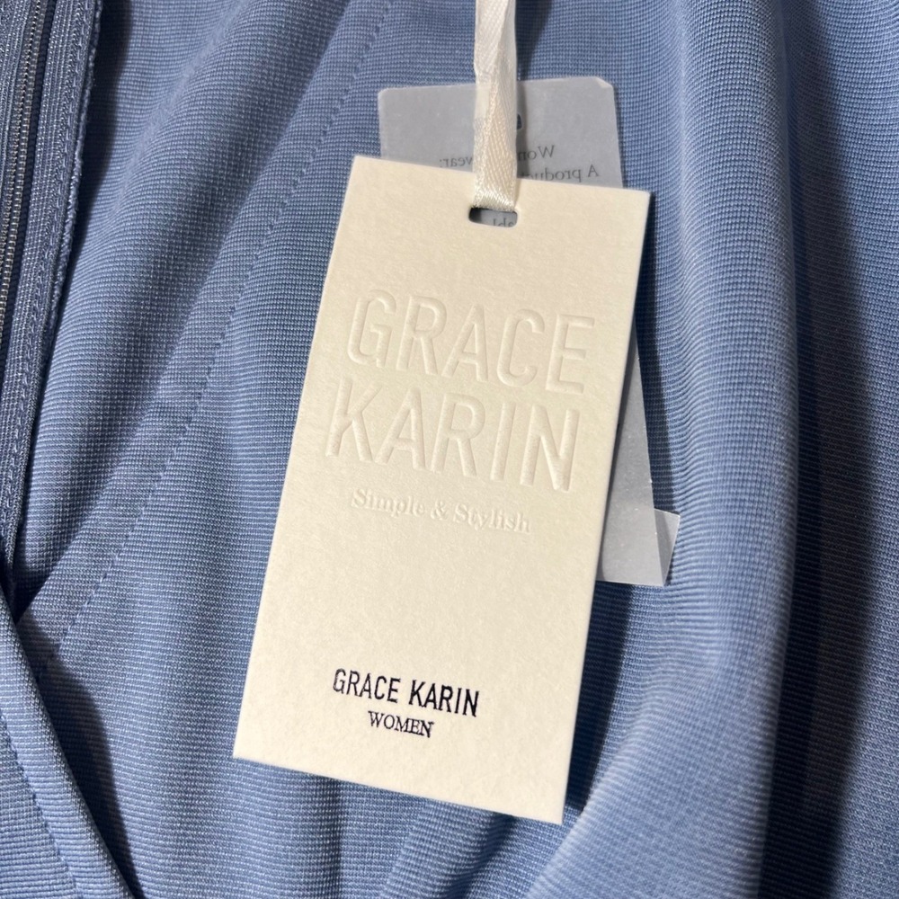 Grace Karin Women Blue Black Colorblock Surplice V-Neck Sheath Dress Size M NWT - Picture 2 of 6